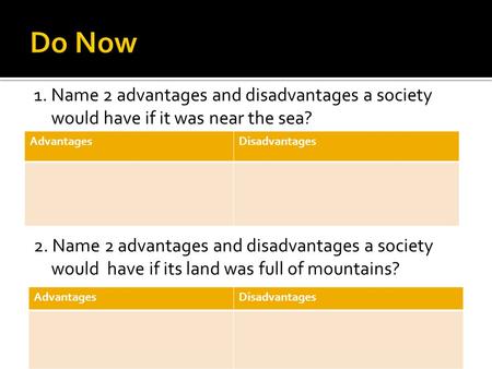 1. Name 2 advantages and disadvantages a society would have if it was near the sea? 2. Name 2 advantages and disadvantages a society would have if its.