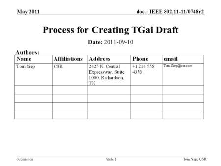 Doc.: IEEE 802.11-11/0748r2 Submission May 2011 Tom Siep, CSRSlide 1 Process for Creating TGai Draft Date: 2011-09-10 Authors: