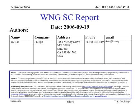 Doc.: IEEE 802.11-06/1451r1 Submission September 2006 T. K. Tan, Philips Slide 1 WNG SC Report Notice: This document has been prepared to assist IEEE 802.11.
