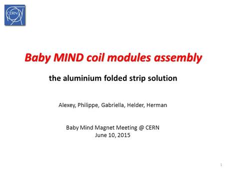 Baby MIND coil modules assembly the aluminium folded strip solution 1 Alexey, Philippe, Gabriella, Helder, Herman Baby Mind Magnet CERN June.