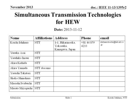 Submission doc.: IEEE 11-13/1395r2 Simultaneous Transmission Technologies for HEW Date: 2013-11-12 November 2013 Koichi Ishihara, NTTSlide 1.