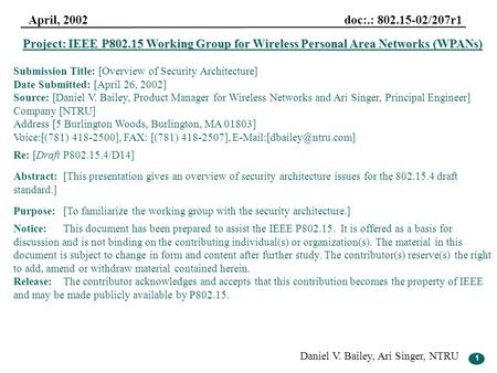 1 April, 2002 doc:.: 802.15-02/207r1 Daniel V. Bailey, Ari Singer, NTRU 1 Project: IEEE P802.15 Working Group for Wireless Personal Area Networks (WPANs)