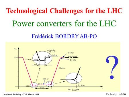 Fk. Bordry AB/PO Academic Training - 27th March 2003 Technological Challenges for the LHC Power converters for the LHC Frédérick BORDRY AB-PO ? I(A) t.