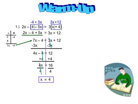 Warm-Up x 3x +12 2x – (4 – 5x) = 3(x + 4) 2x – 4 + 5x = 3x + 12