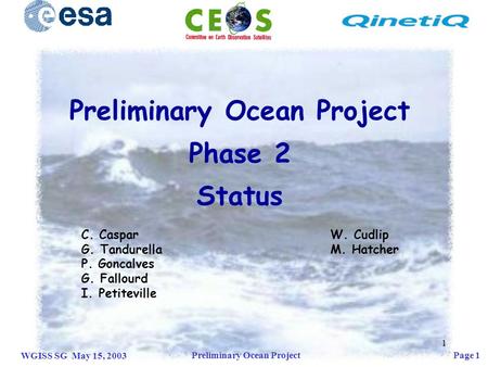 Preliminary Ocean Project Page 1 WGISS SG May 15, 2003 1 C. Caspar G. Tandurella P. Goncalves G. Fallourd I. Petiteville Preliminary Ocean Project Phase.