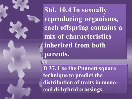Std. 10.4 In sexually reproducing organisms, each offspring contains a mix of characteristics inherited from both parents. D 37. Use the Punnett square.