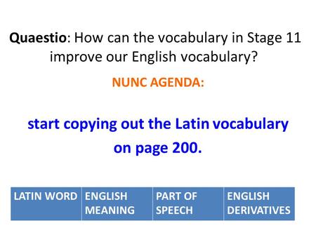 Quaestio: How can the vocabulary in Stage 11 improve our English vocabulary? NUNC AGENDA: start copying out the Latin vocabulary on page 200. LATIN WORDENGLISH.