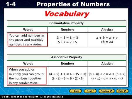 Holt CA Course 1 1-4Properties of Numbers Vocabulary.