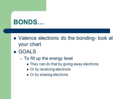 BONDS… Valence electrons do the bonding- look at your chart GOALS