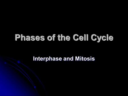 Phases of the Cell Cycle Interphase and Mitosis. Interphase G1 : Cell Grows G1 : Cell Grows S : DNA is copied (to produce a diploid # S : DNA is copied.