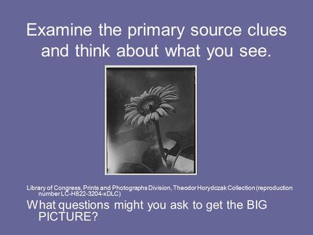 Examine the primary source clues and think about what you see. Library of Congress, Prints and Photographs Division, Theodor Horydczak Collection (reproduction.