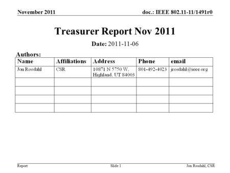 Doc.: IEEE 802.11-11/1491r0 Report November 2011 Jon Rosdahl, CSRSlide 1 Treasurer Report Nov 2011 Date: 2011-11-06 Authors: