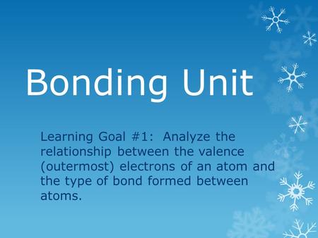 Bonding Unit Learning Goal #1: Analyze the relationship between the valence (outermost) electrons of an atom and the type of bond formed between atoms.