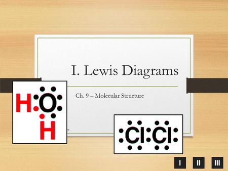 IIIIII I. Lewis Diagrams Ch. 9 – Molecular Structure C. Johannesson.
