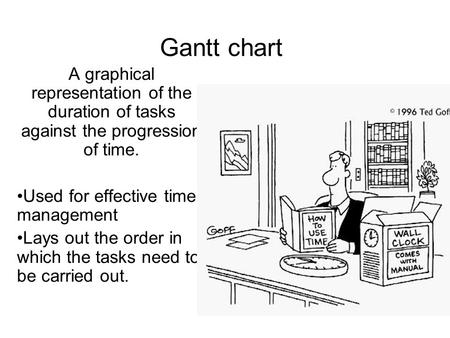 Gantt chart A graphical representation of the duration of tasks against the progression of time. Used for effective time management Lays out the order.