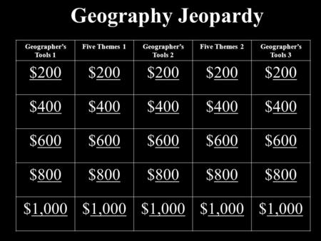 Geography Jeopardy Geographer’s Tools 1 Five Themes 1Geographer’s Tools 2 Five Themes 2Geographer’s Tools 3 $200 200$200200$200200$200200 $400400$400400$400400$400400$400400.