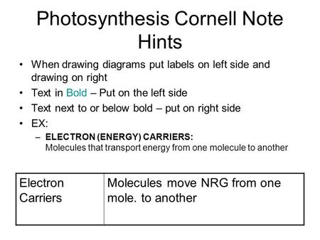Photosynthesis Cornell Note Hints When drawing diagrams put labels on left side and drawing on right Text in Bold – Put on the left side Text next to or.