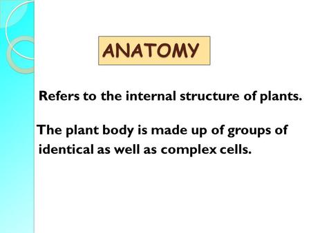 ANATOMY Refers to the internal structure of plants. The plant body is made up of groups of identical as well as complex cells.