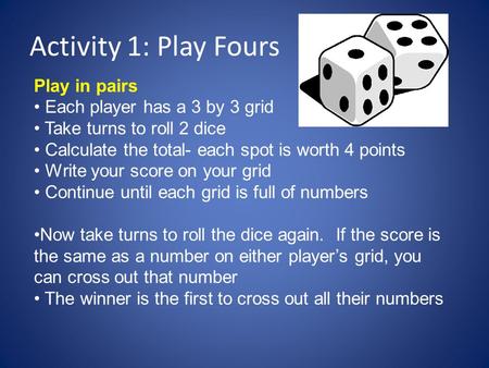 Activity 1: Play Fours Play in pairs Each player has a 3 by 3 grid Take turns to roll 2 dice Calculate the total- each spot is worth 4 points Write your.