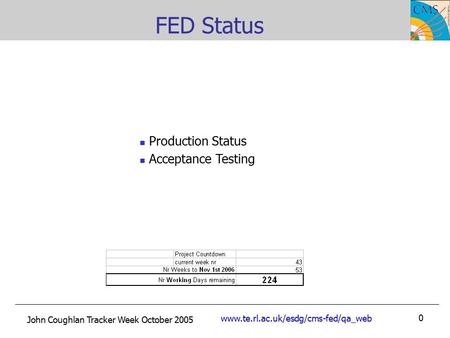 John Coughlan Tracker Week October 2005 www.te.rl.ac.uk/esdg/cms-fed/qa_web 0 FED Status Production Status Acceptance Testing.