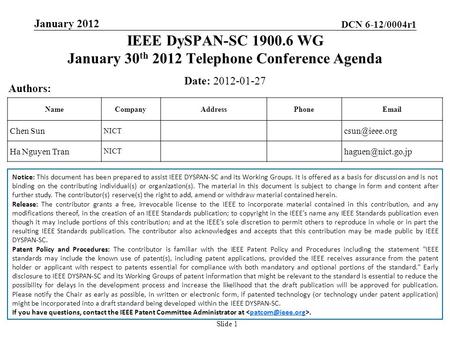 DCN 6-12/0004r1 Slide 1 IEEE DySPAN-SC 1900.6 WG January 30 th 2012 Telephone Conference Agenda Date: 2012-01-27 NameCompanyAddressPhoneEmail Chen Sun.