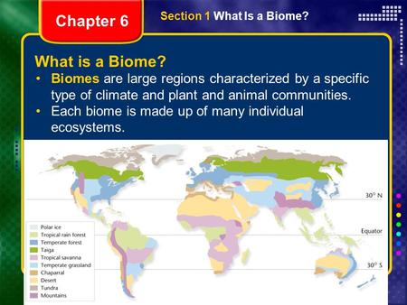 Copyright © by Holt, Rinehart and Winston. All rights reserved. ResourcesChapter menu What is a Biome? Biomes are large regions characterized by a specific.