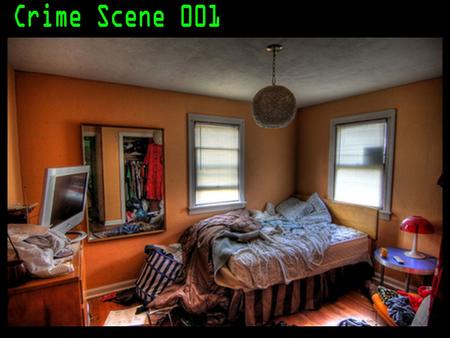 Study this crime scene. 1. How many windows are there? 2. How many sources of electrical light are there? 3. What 3 items are on the night stand/end table.