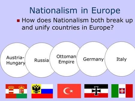 Nationalism in Europe How does Nationalism both break up and unify countries in Europe? Austria- Hungary Russia Ottoman Empire GermanyItaly.