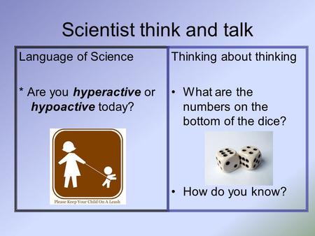 Scientist think and talk Language of Science * Are you hyperactive or hypoactive today? Thinking about thinking What are the numbers on the bottom of the.
