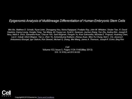 Epigenomic Analysis of Multilineage Differentiation of Human Embryonic Stem Cells Wei Xie, Matthew D. Schultz, Ryan Lister, Zhonggang Hou, Nisha Rajagopal,