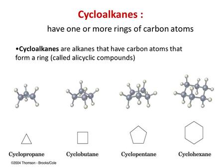 Cycloalkanes : have one or more rings of carbon atoms Cycloalkanes are alkanes that have carbon atoms that form a ring (called alicyclic compounds)