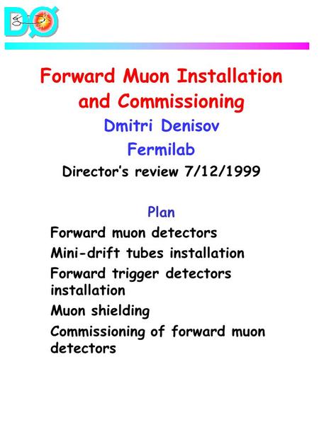 Forward Muon Installation and Commissioning Dmitri Denisov Fermilab Director’s review 7/12/1999 Plan Forward muon detectors Mini-drift tubes installation.