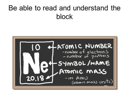 Be able to read and understand the block. The Periodic Table.