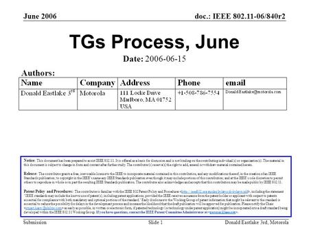 Doc.: IEEE 802.11-06/840r2 Submission June 2006 Donald Eastlake 3rd, MotorolaSlide 1 TGs Process, June Notice: This document has been prepared to assist.
