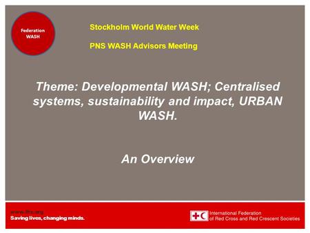 Www.ifrc.org Saving lives, changing minds. Federation Health WatSan/EH Federation Health WatSan/EH Theme: Developmental WASH; Centralised systems, sustainability.