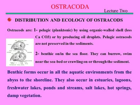 OSTRACODA Lecture Two DISTRIBUTION AND ECOLOGY OF OSTRACODS