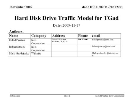 Doc.: IEEE 802.11-09/1222r1 Submission November 2009 Eldad Perahia, Intel CorporationSlide 1 Hard Disk Drive Traffic Model for TGad Date: 2009-11-17 Authors: