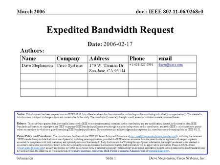 Doc.: IEEE 802.11-06/0268r0 Submission March 2006 Dave Stephenson, Cisco Systems, Inc.Slide 1 Expedited Bandwidth Request Notice: This document has been.