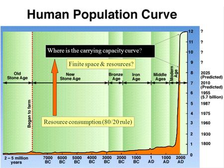 Where is the carrying capacity curve? Finite space & resources? Resource consumption (80/20 rule)