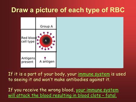 If it is a part of your body, your immune system is used to seeing it and won’t make antibodies against it. If you receive the wrong blood, your immune.