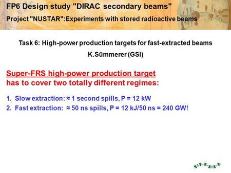 FP6 Design study DIRAC secondary beams Project NUSTAR:Experiments with stored radioactive beams Super-FRS high-power production target has to cover.