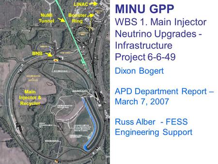 MINU GPP WBS 1. Main Injector Neutrino Upgrades - Infrastructure Project 6-6-49 Dixon Bogert APD Department Report – March 7, 2007 Russ Alber - FESS Engineering.