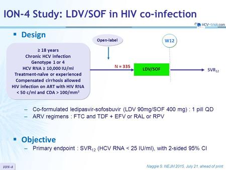 ION-4  Design LDV/SOF Open-label ION-4 Study: LDV/SOF in HIV co-infection W12 ≥ 18 years Chronic HCV infection Genotype 1 or 4 HCV RNA ≥ 10,000 IU/ml.