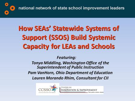 How SEAs’ Statewide Systems of Support (SSOS) Build Systemic Capacity for LEAs and Schools Featuring: Tonya Middling, Washington Office of the Superintendent.