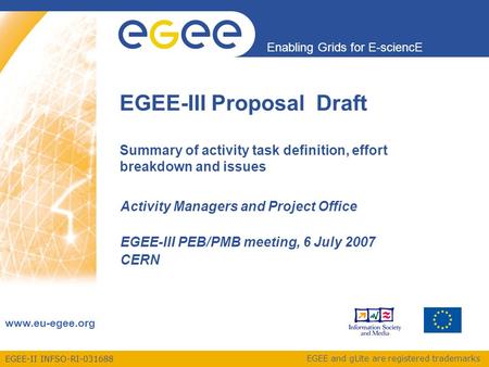 EGEE-II INFSO-RI-031688 Enabling Grids for E-sciencE www.eu-egee.org EGEE and gLite are registered trademarks EGEE-III Proposal Draft Summary of activity.