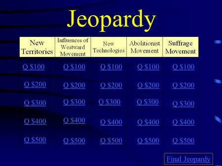 Jeopardy Q $100 Q $200 Q $300 Q $400 Q $500 Q $100 Q $200 Q $300 Q $400 Q $500 Final Jeopardy.