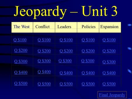 Jeopardy – Unit 3 The WestConflict Leaders PoliciesExpansion Q $100 Q $200 Q $300 Q $400 Q $500 Q $100 Q $200 Q $300 Q $400 Q $500 Final Jeopardy.