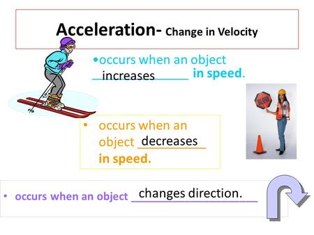Acceleration- Change in Velocity occurs when an object _____________________ occurs when an object ______________ in speed. occurs when an object __________.