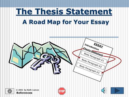 The Thesis Statement © 2001 by Ruth Luman A Road Map for Your Essay References ESSAY Introduction Thesis Statement Body Paragraph #1 Body Paragraph #2.