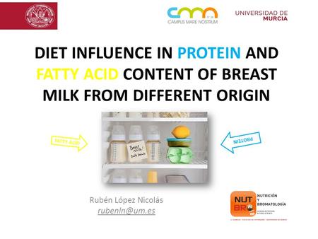 DIET INFLUENCE IN PROTEIN AND FATTY ACID CONTENT OF BREAST MILK FROM DIFFERENT ORIGIN Rubén López Nicolás FATTY ACID PROTEIN.